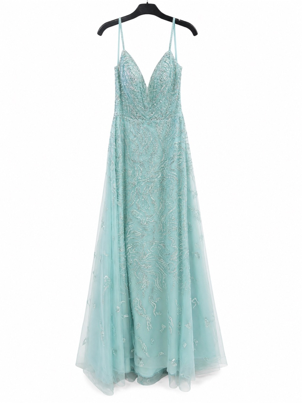 Catwalk 50180 Green Beaded V-Neck Spaghetti Strap Evening Gown